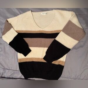 Angashion Women's V-Neck Striped Sweater - Cream, Brown, Black